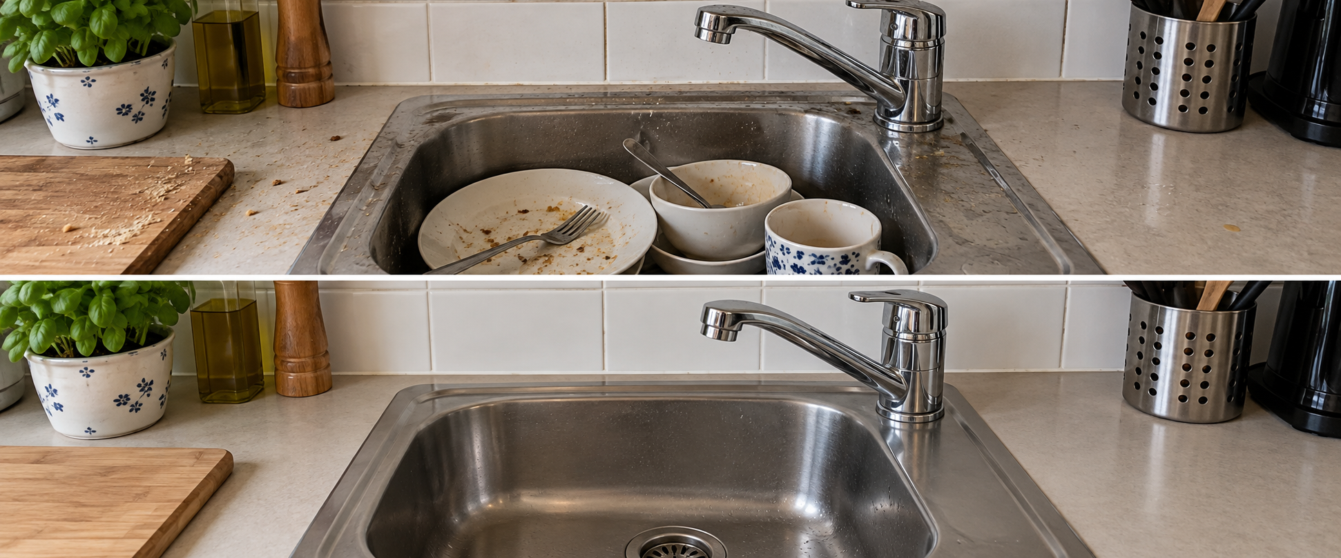 AI-generated illustrative kitchen sink comparison: before cleaning above, after cleaning below